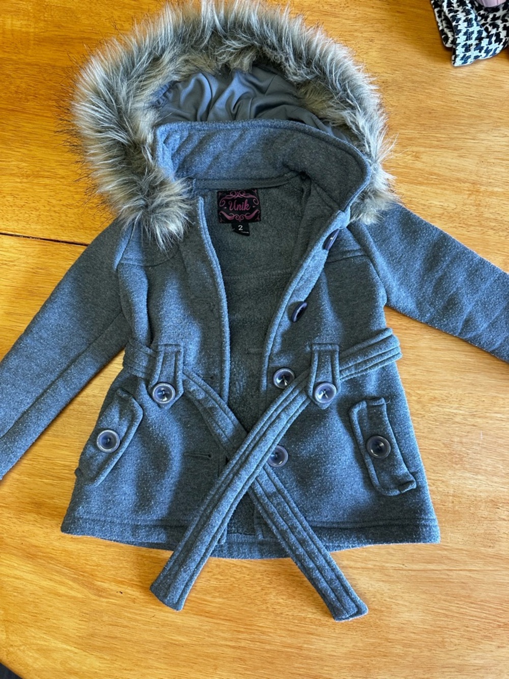 Unik Girls' Gray Hooded Peacoat with Faux Fur Trim